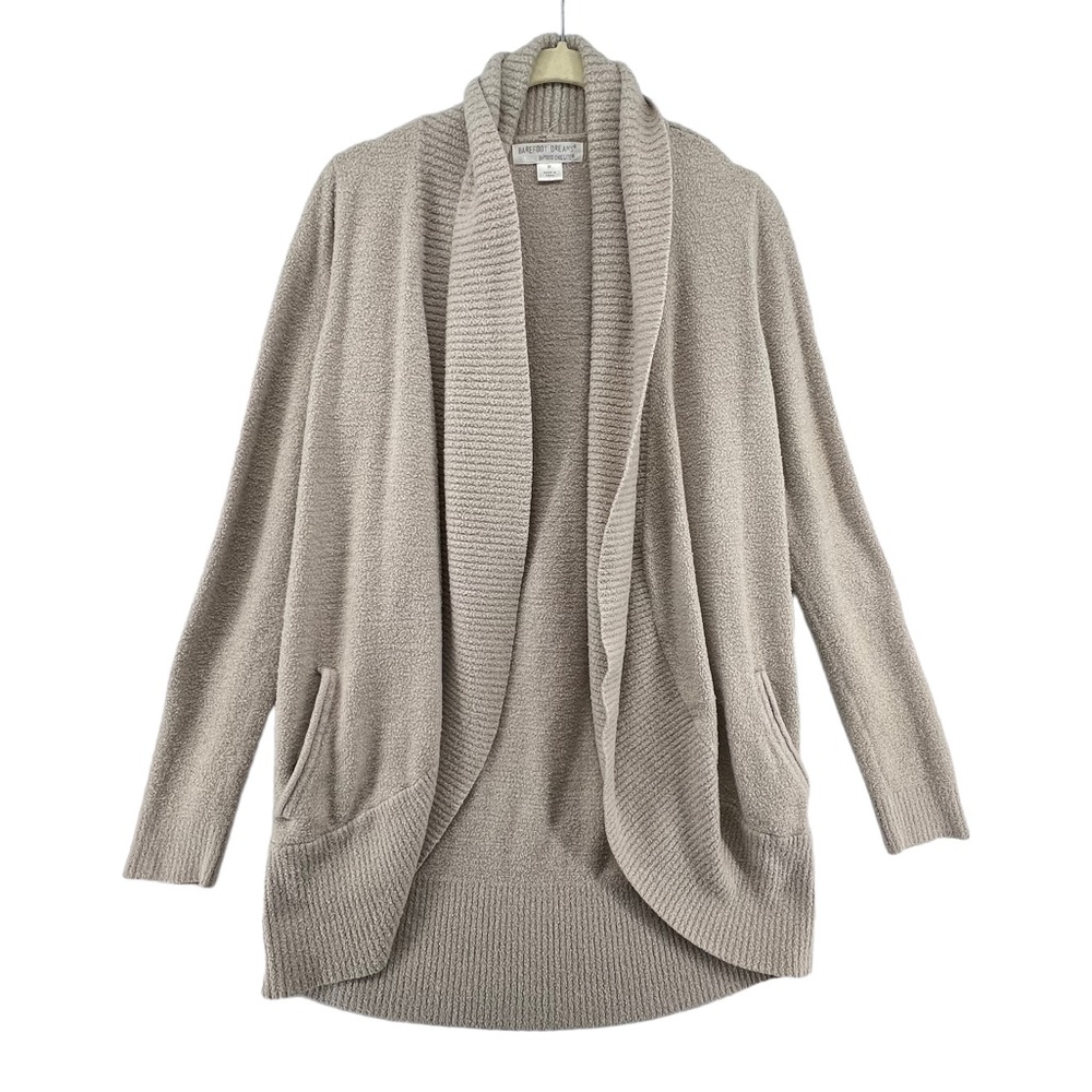 Barefoot Dreams Cozy Open-Front Shawl Collar Cardigan in Light Taupe